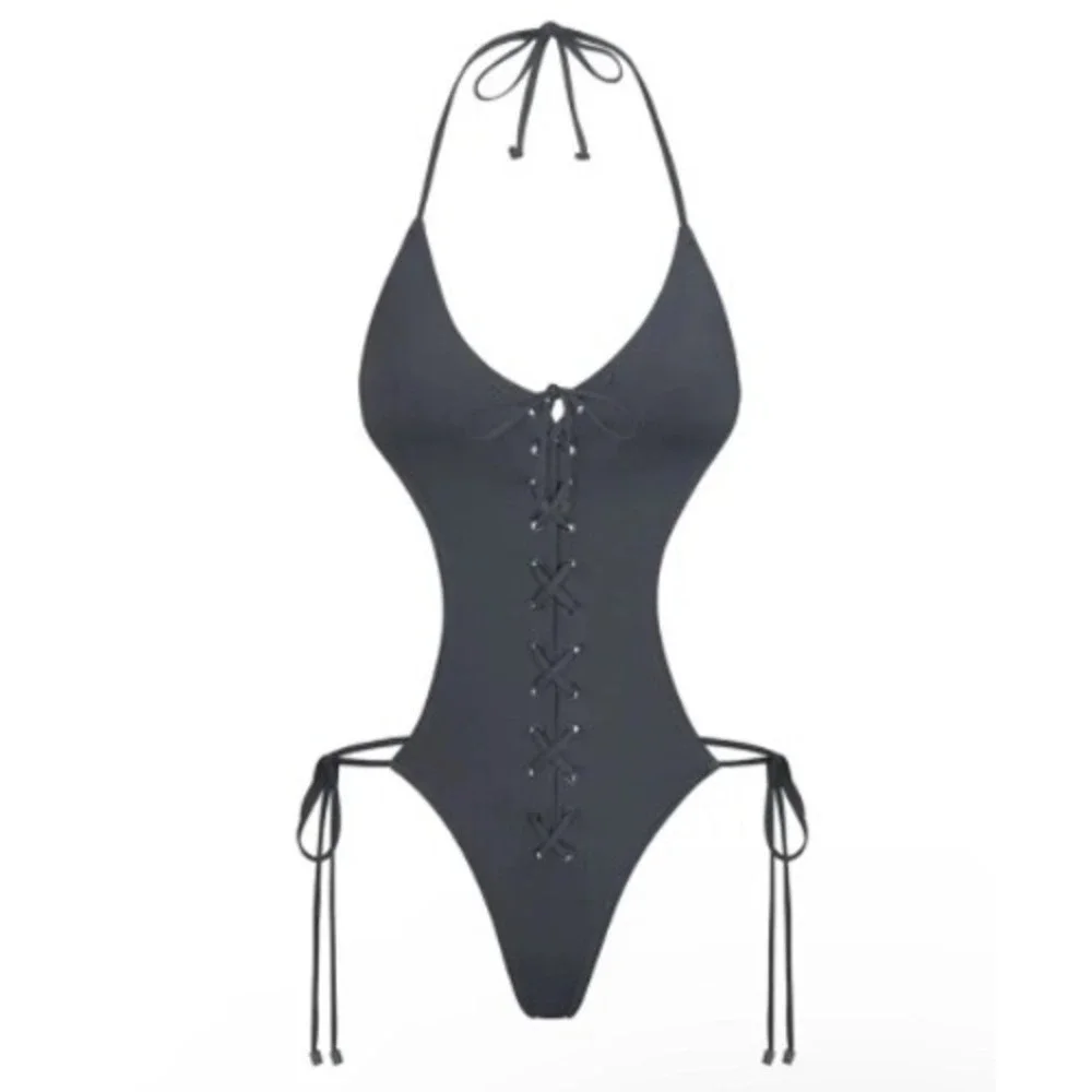 SKIMS Black Lace-Up One-Piece Swimsuit
